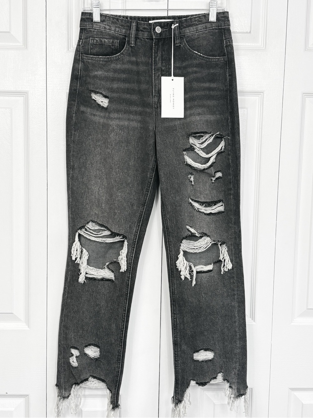 NWT Flying Monkey Gray Denim Distressed High Rise Straight Ankle Jeans 26